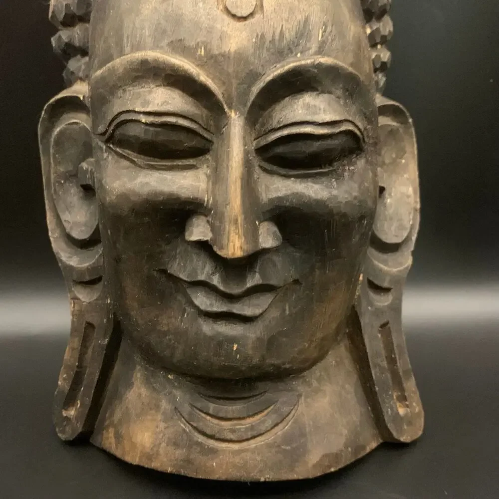 Vintage Gautam Buddha Nepal Head Face Mask Hand Carved Wood Wall Hanging